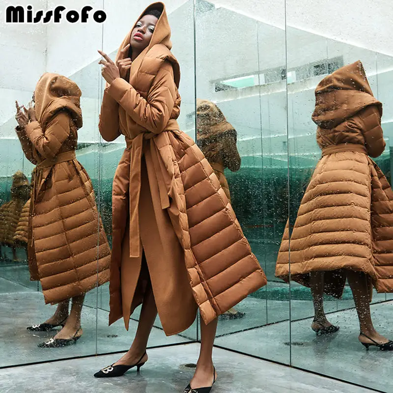 Зимние пуховые пальто Miss FoFo 2019 осенняя парка Женская Длинная тонкая шерстяная