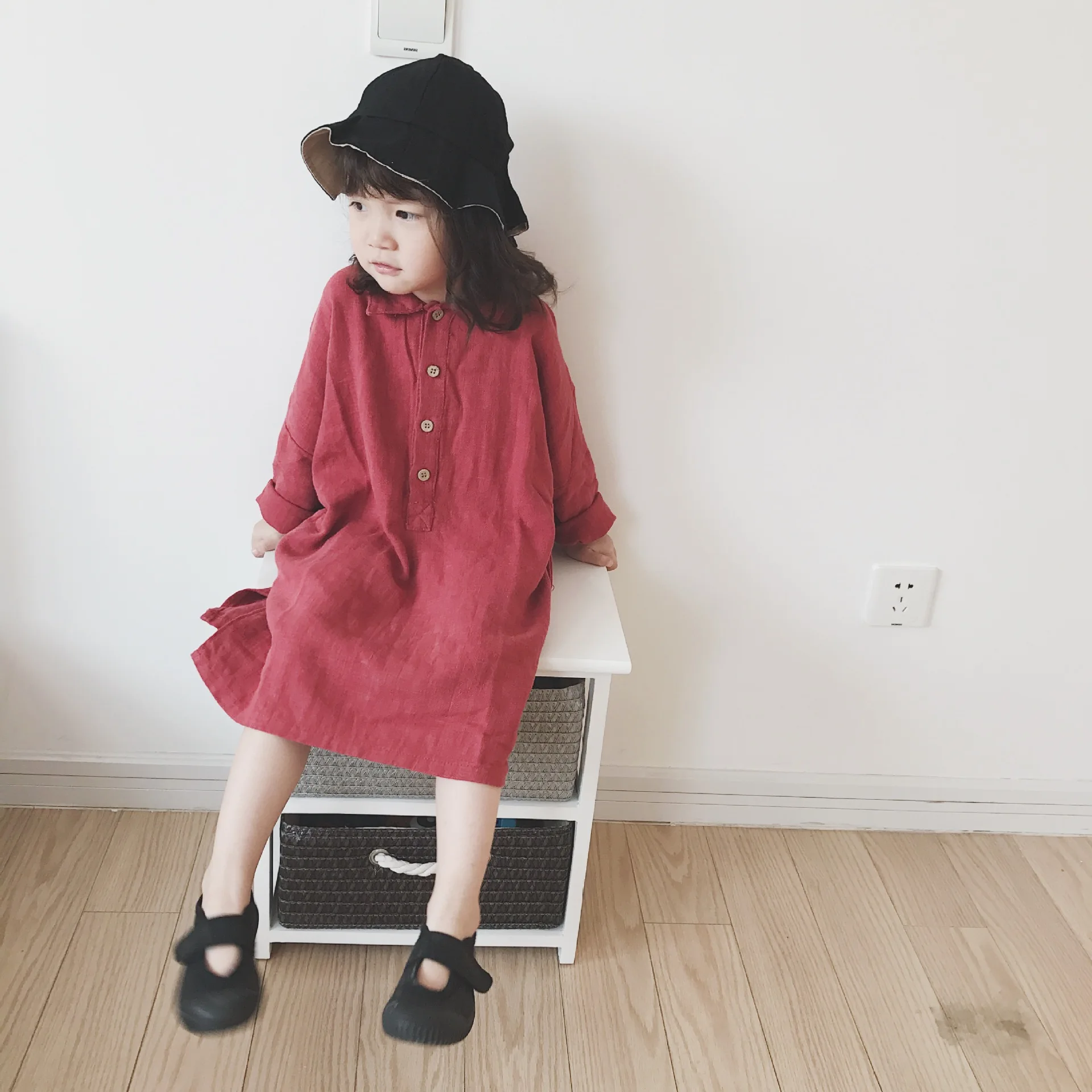 Осень 2018 хлопковые свободные платья-рубашки с длинными рукавами для девочек