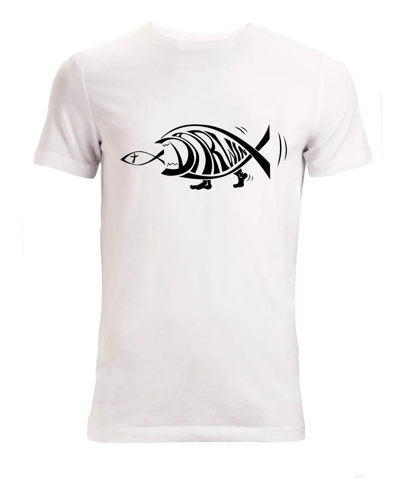 

Fashion T-Shirt Men Clothing Darwin Fish Eating Jesus Fish Funny Art Men's (woman's Available) T Shirt White Men Summer Style