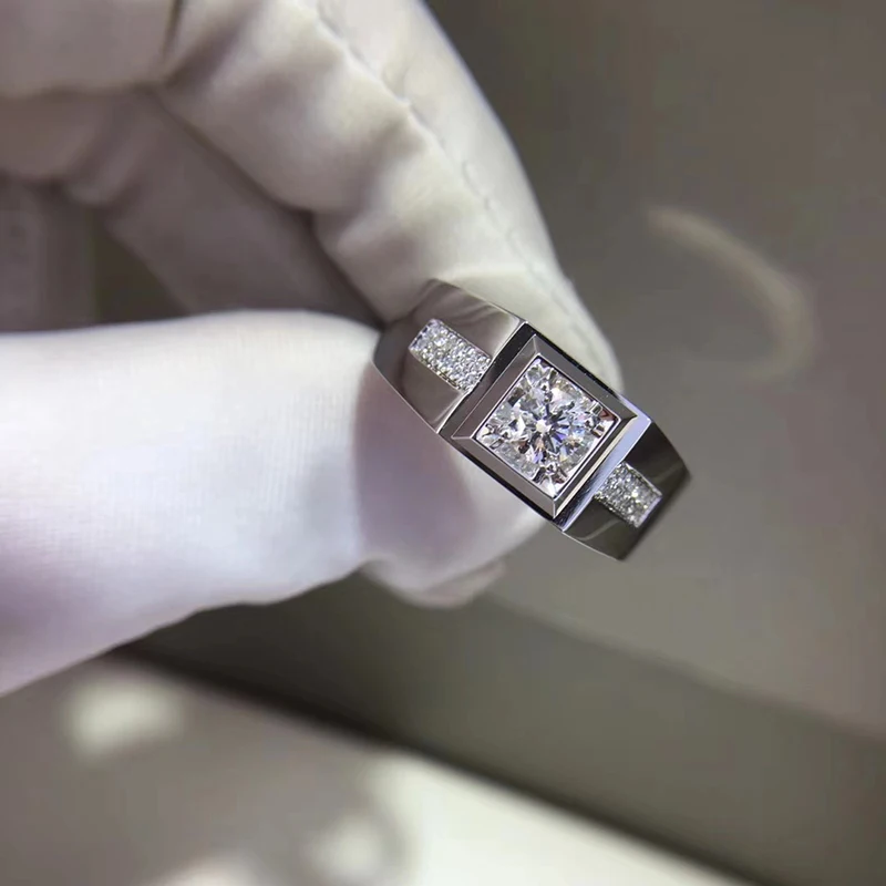 Роскошное кольцо Moissanite, 14 к, белое золото, 1CT, круглая огранка, искусственный бриллиант, браслет для мужчин, свадебные мужские украшения