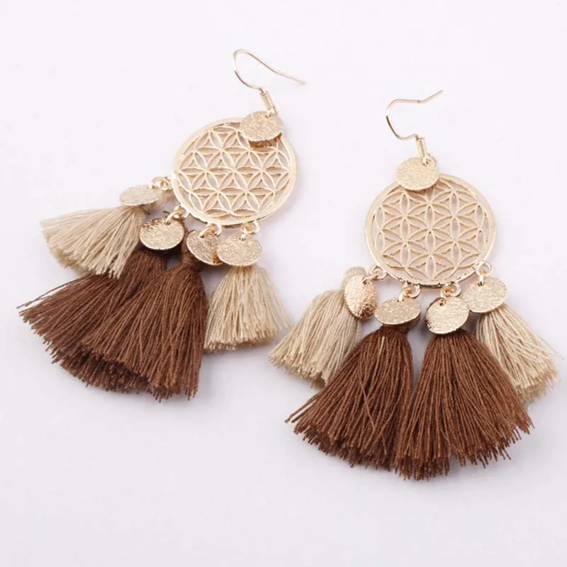 Круглые серьги-подвески в этническом стиле boho с кисточками, женские модные серьги в богемном стиле, винтажные Свадебные(бежевый+ коричневый