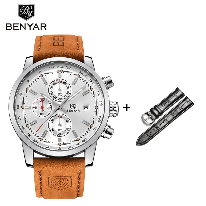 Silver White No Box Наручные часы BENYAR, мужские часы, модный набор, кварцевые, Топ бренд, Роскошные, хронограф, кожа, спортивные часы, мужские часы, Relogio Masculino - Цвет: Silver White No Box