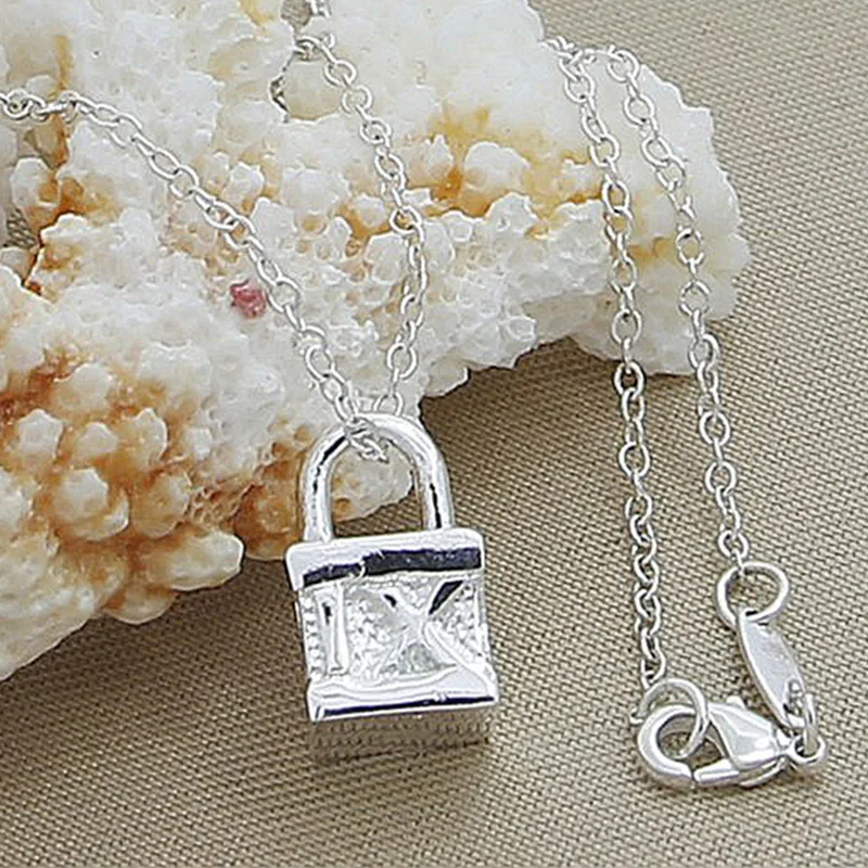 

925 Silver Lock Pendant Chains Necklace For Women Men Silver Jewelry