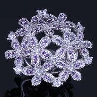 brilliant huge flower purple cubic zirconia white cz silver plated ring v0523
