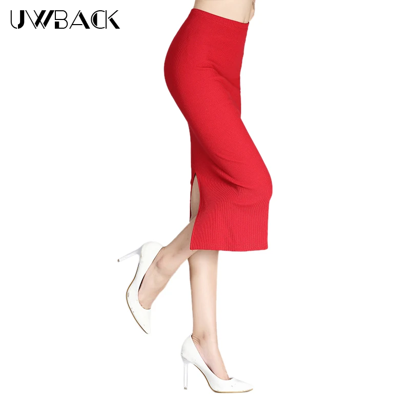 Женская облегающая юбка Uwback сексуальная Длинная с разрезом вязаная офисная