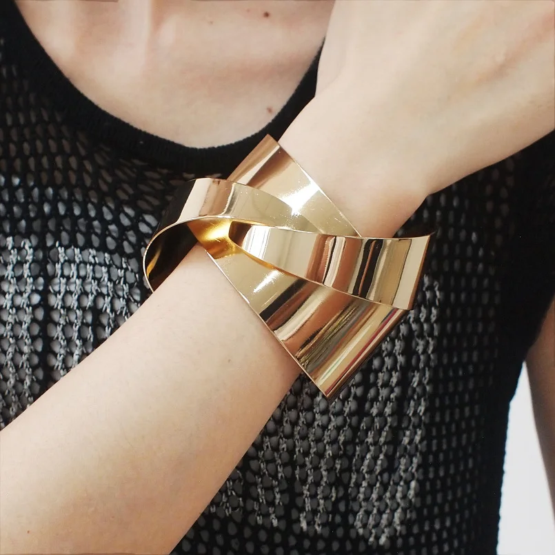 

UKMOC Fashion Women Bracelets Jewelry Accessories Warp Surface Metal Wide Cuff Bangles Statement Gold Color and Silver Color