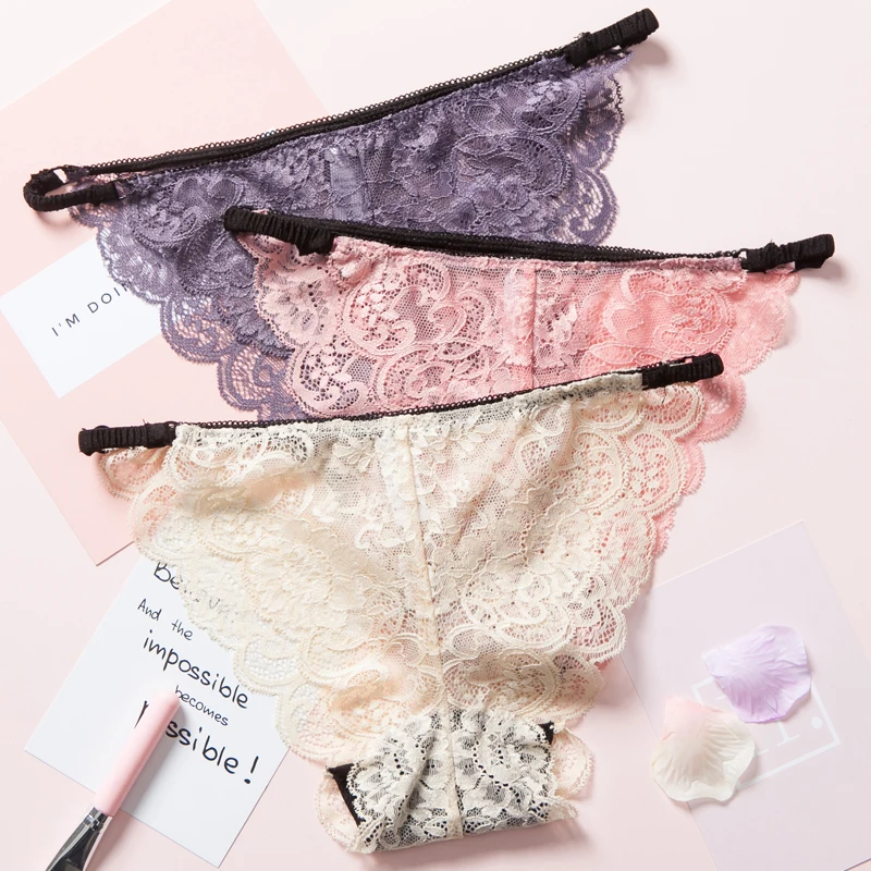 Сексуальные кружевные прозрачные женские трусы черные дышащие розовые трусики с