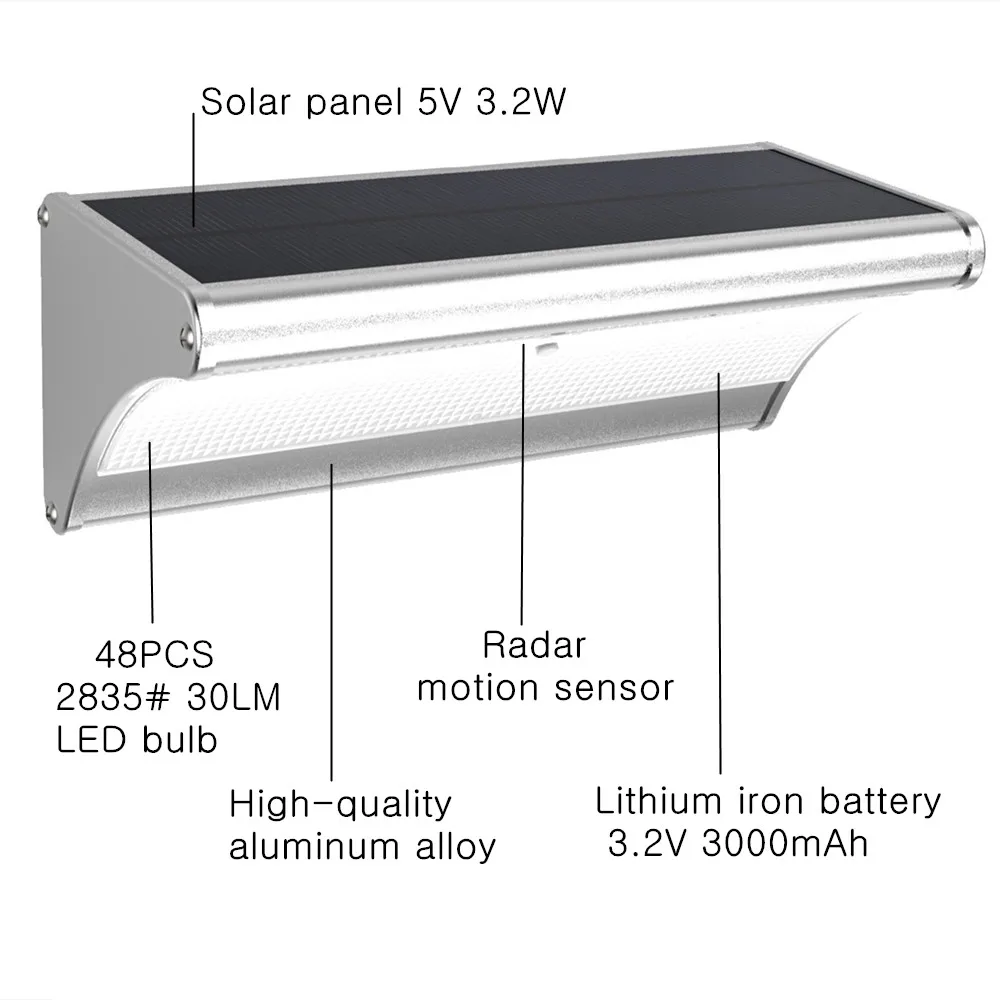 Супер яркий 48 Светодиодный Солнечный движения Сенсор светодиодный светильник
