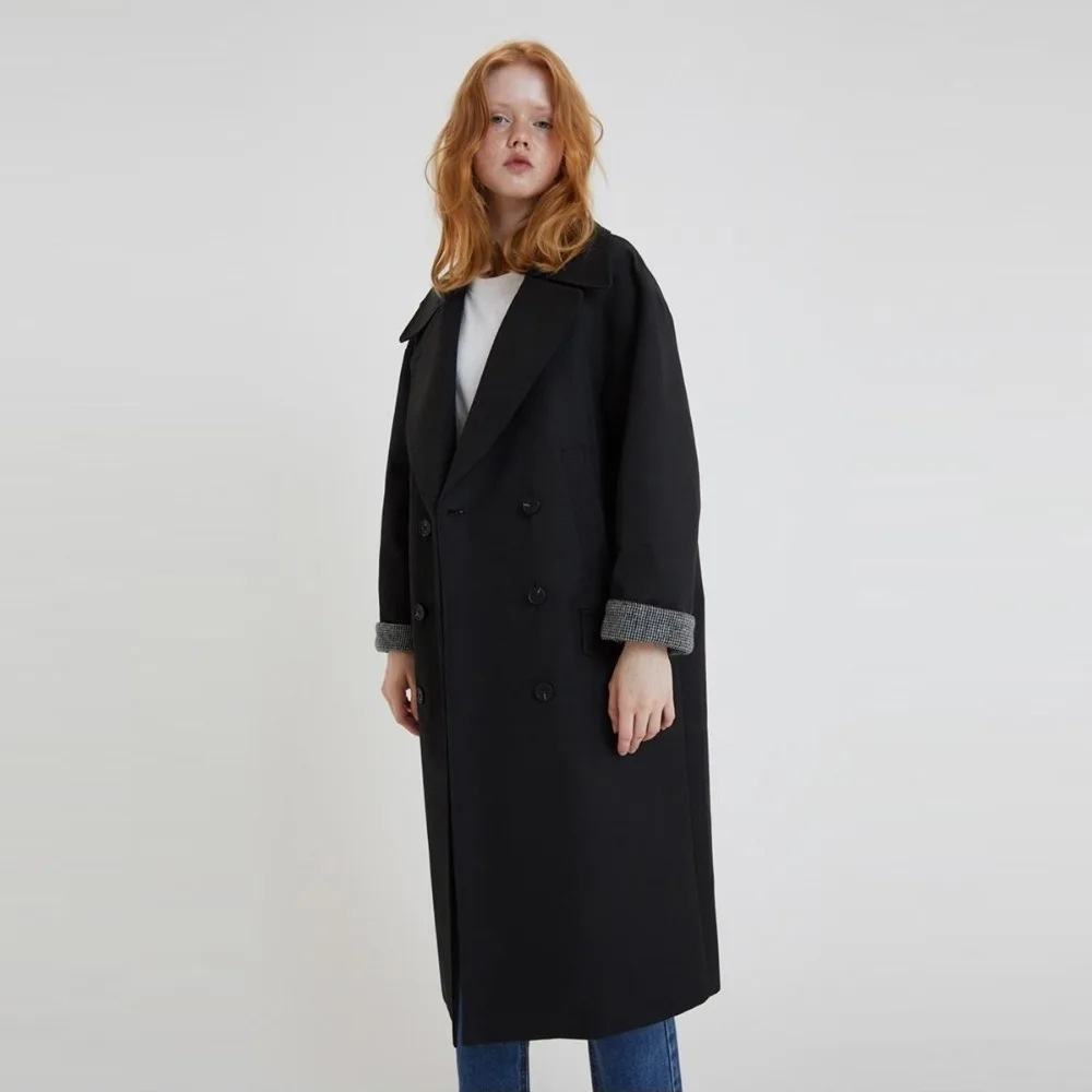 Darcydebie Autumn/Winter Women Fashion Loose Turn-down Collar Double Breasted Plaid Patchwork Lady Long Wool Blends Coat | Женская