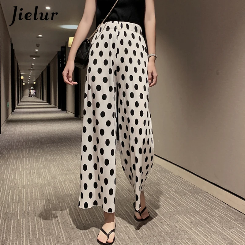 

Jielur Polka Dots Print Wide Leg Pants Summer Women Korean Casual Loose High Waist Pants Harajuku Simple Straight Pantalon Femme