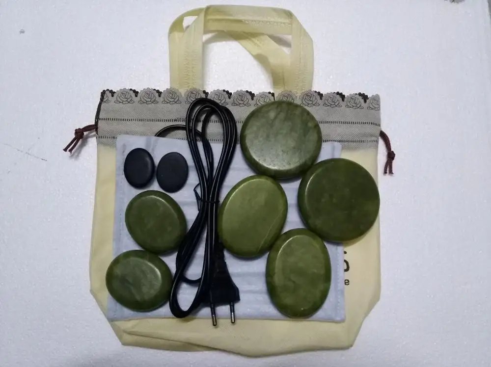 bag and 8stones Массаж горячего масла камни массаж Лава Натуральный Черный Бянь камень зеленый нефрит набор горячий спа рок Базальтовый Камень с нагревателем коробка тепловой мешок - Цвет: bag and 8stones