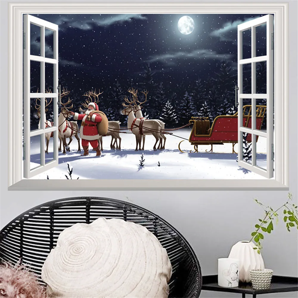 I Merry Christmas 3D поддельные окна обои Санта Клаус Рождественская елка иллюстрация дома гостиная спальня арт деко стикер стены - Цвет: I