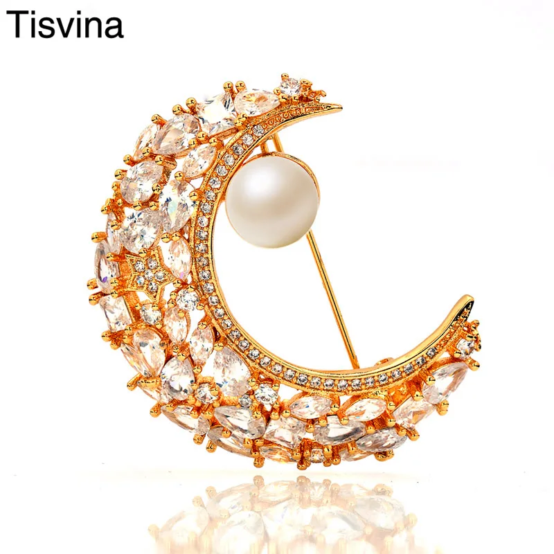 Tisvina кристалл натуральный жемчуг Луна Броши для женщин ювелирные изделия Высокое