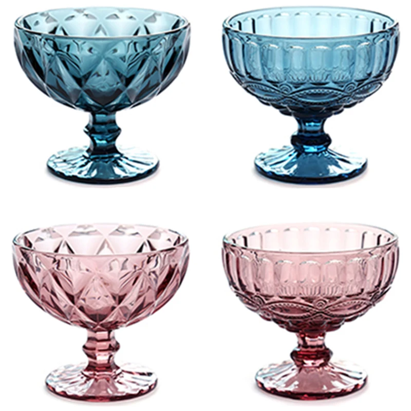 

Salad Bowl Glass for Dessert Mill Shake Goblet Glass Embossed Ice Cream Cup European Creative Salad Plates 10 oz 300ml Home Used