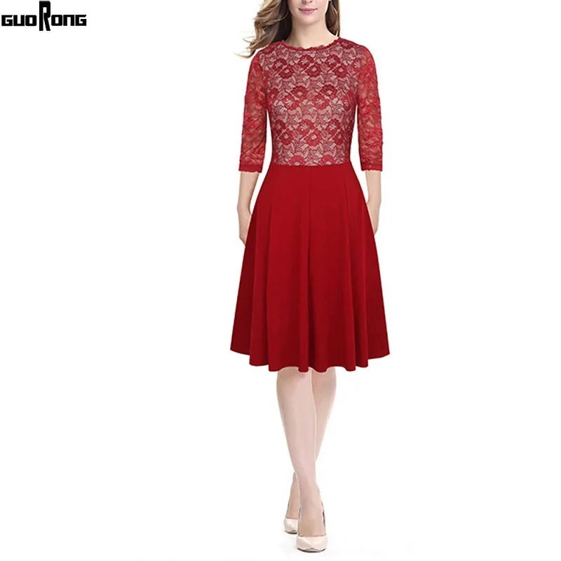 Plus Size Autumn Winter Women 's Clothing Lace Female Dress Casual A-Line Solid Three Quarter Knee-Length Ladies Dresses | Женская