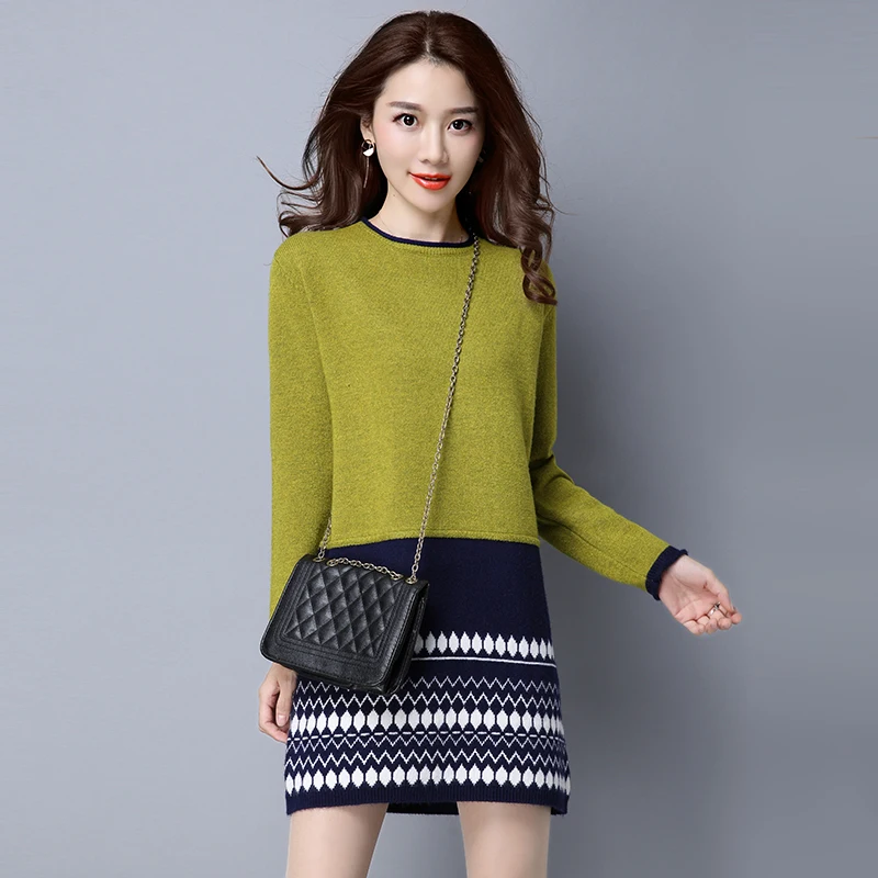 2017 Модное новое трикотажное платье-свитер с круглым вырезом Женский пуловер