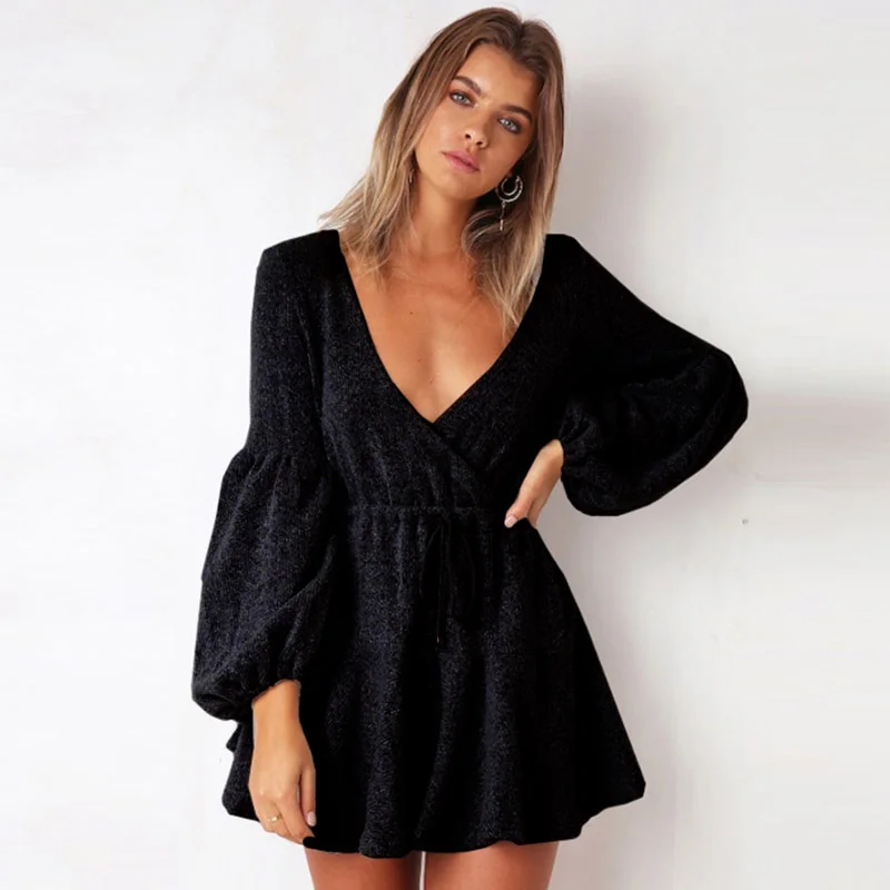 Мультифлора 2018 с пышными рукавами однотонный вязаный свитер платья для зимы