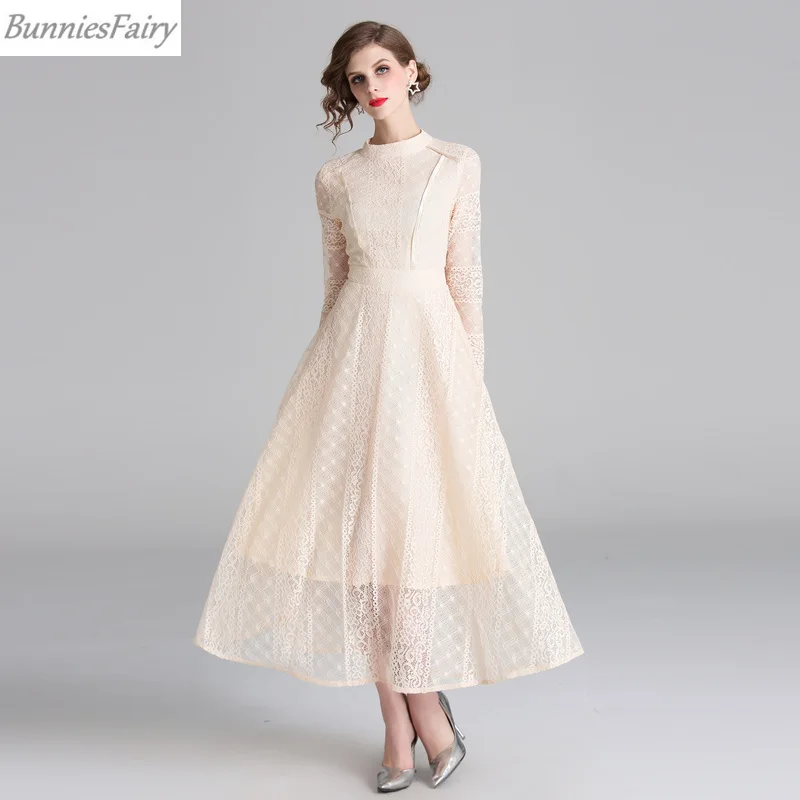 BunniesFairy весеннее женское элегантное бежевое длинное кружевное платье со стоячим воротником с длинным рукавом размера плюс праздничные вечерние платья