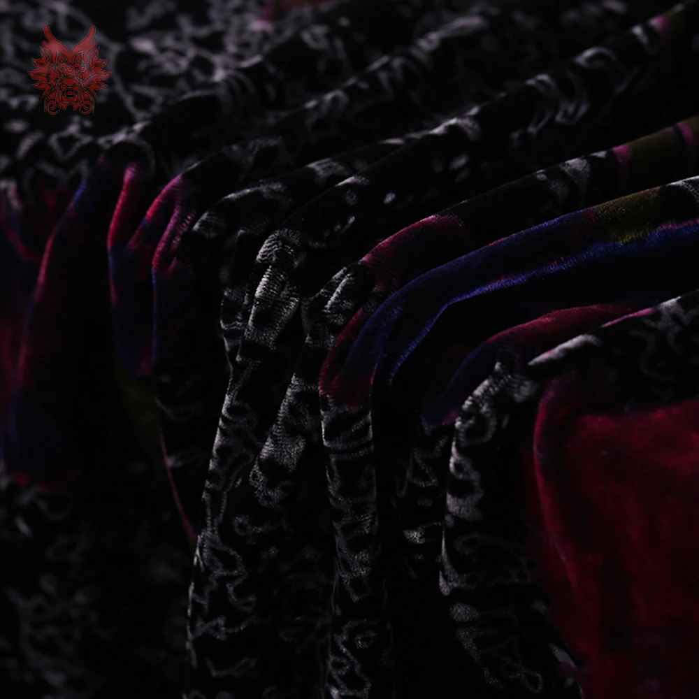 Роскошная черная и красная бархатная отделка с цветочным принтом шелковая ткань
