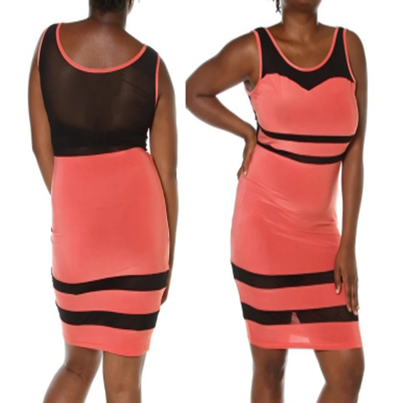 Women Summer Sexy Sheath Mini Dress For fuller figures Tank Sleeveles Patchwork Mesh Orange Party Dresses Vestidos 2XL | Женская одежда
