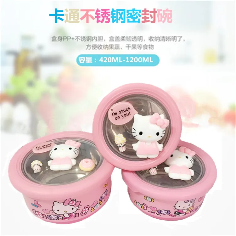Милый Ланч-бокс hello kitty для детей, термос для хранения еды, контейнер для студенческого Бенто-бокса с крышкой, миска из нержавеющей стали, столовая