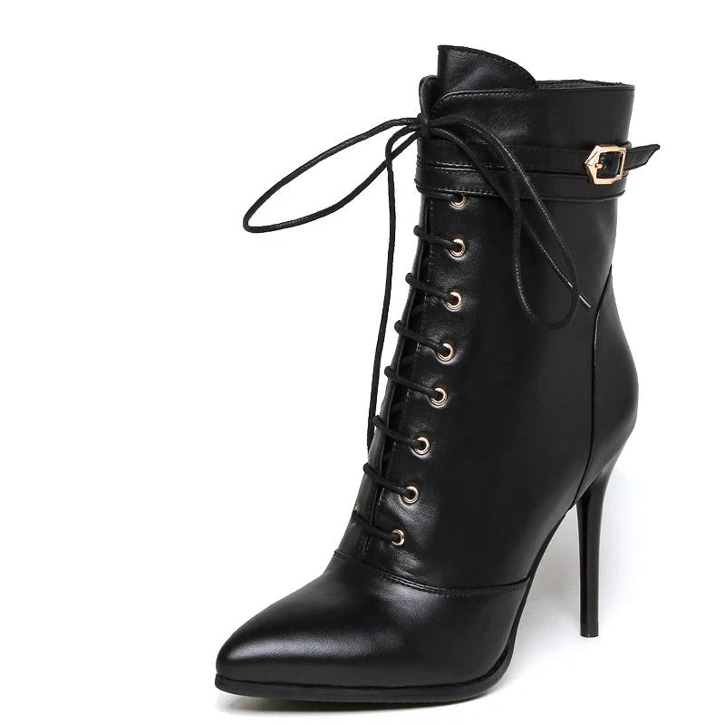 Женские ботильоны на очень высоком тонком каблуке молнии из коровьей кожи