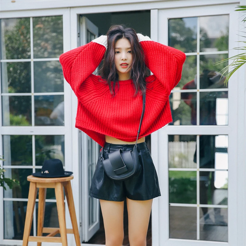 HziriP 2018 New Fashion Keep Warm Patchwork Women Sweater Knitted Red Lady Tops Pullovers O-Neck Vintage Soft Female Sweaters | Женская