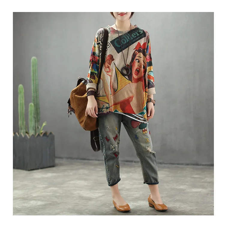 Ретро женский свободный вязаный свитер, весна-осень, женские топы с круглым вырезом и принтом, повседневные женские пуловеры, трикотаж