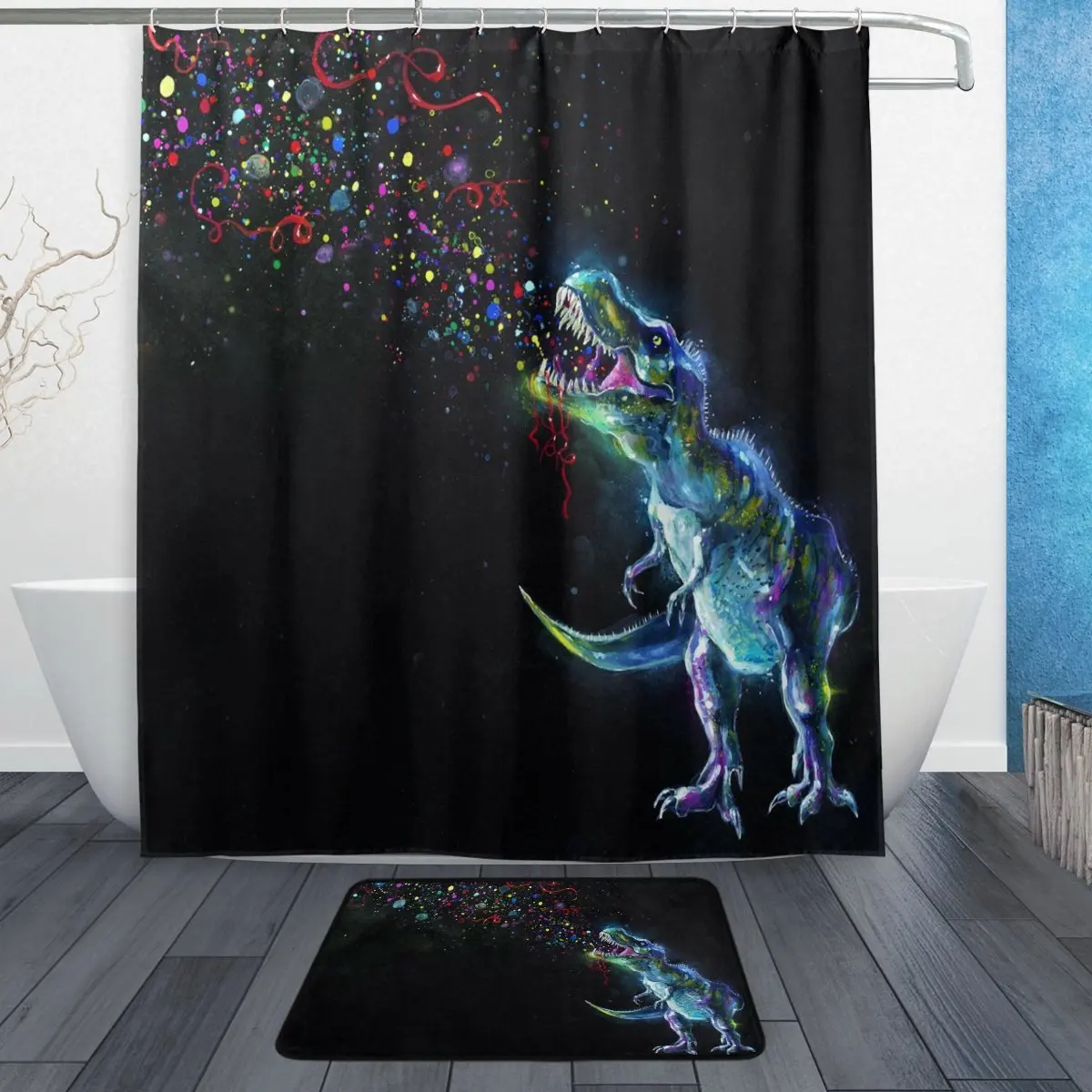 Набор душевой занавески и ковриков с радужным динозавром Забавный