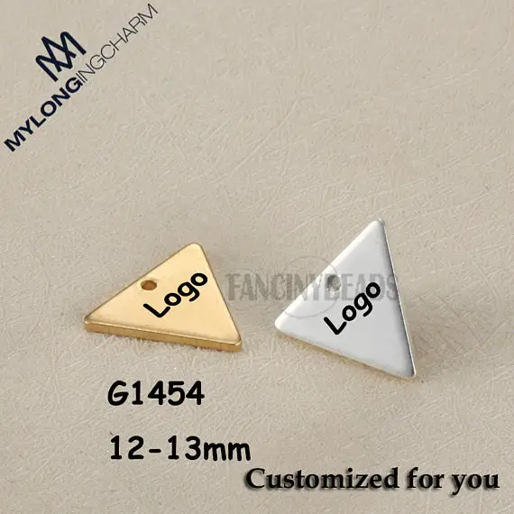 

MYLONINGCHARM 50pcs/lot Engravable Triangle Charms-Custom Your logo or design-12x13mm mini Triangle Pendant Logo Tag steel gold