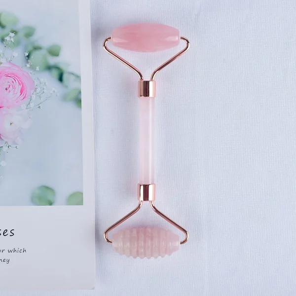 rose gold Нефритовый роликовый массаж для лица, натуральный розовый кварц, микро игла для подтяжки лица, антивозрастной целлюлитный массажер для спины, камень, инструмент для ухода за здоровьем - Цвет: rose gold