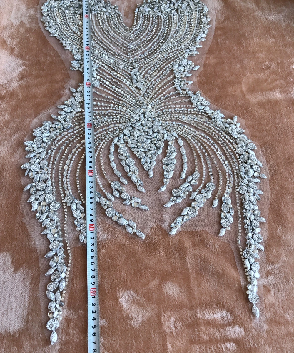 Серебряные стразы ручной работы, аппликация на сетке, Большая отделка кристаллами, нашивки для свадебного платья, передняя часть 86*40 см