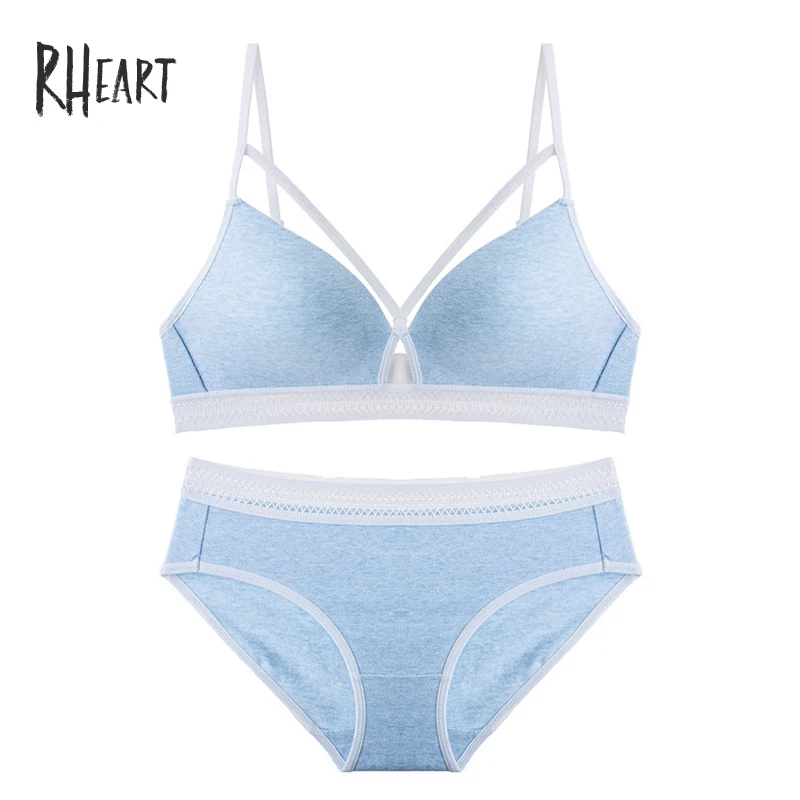 Blue Roseheart, новинка, женское, модное, голубое, розовое, сексуальное нижнее белье, на бретельках, кружево, с вырезами, бюстгальтеры, хлопковые трусики, мягкий, пуш-ап, Беспроводной Комплект бюстгальтеров - Цвет: Blue
