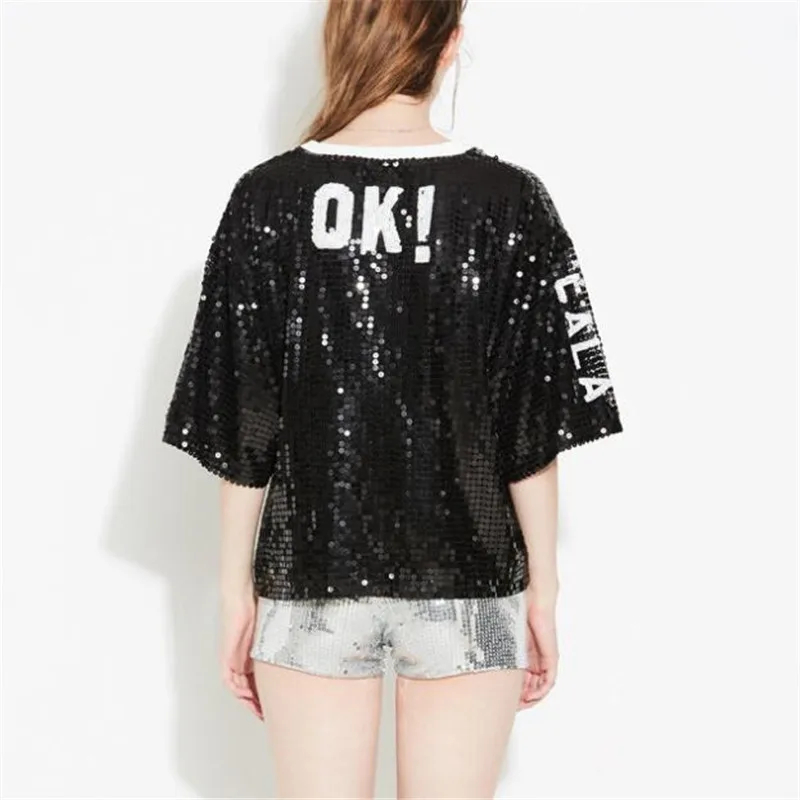Женская футболка для ночного клуба блестящая женская с буквами и блестками