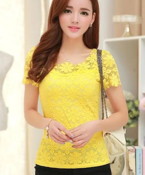 Цвет: желтый Женские топы, кружевная рубашка, Blusas Femininas, блузки и рубашки, новинка, модная женская блузка с коротким рукавом размера плюс, женская одежда 5XL - Цвет: Цвет: желтый