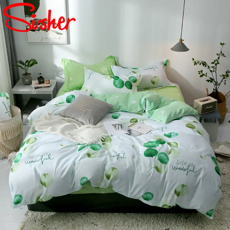 Sisher Pastoral Green Leaf Print Duvet Cover Set Cotton Polyester Adult Comforter Bedding Sets Size Single Double Queen King