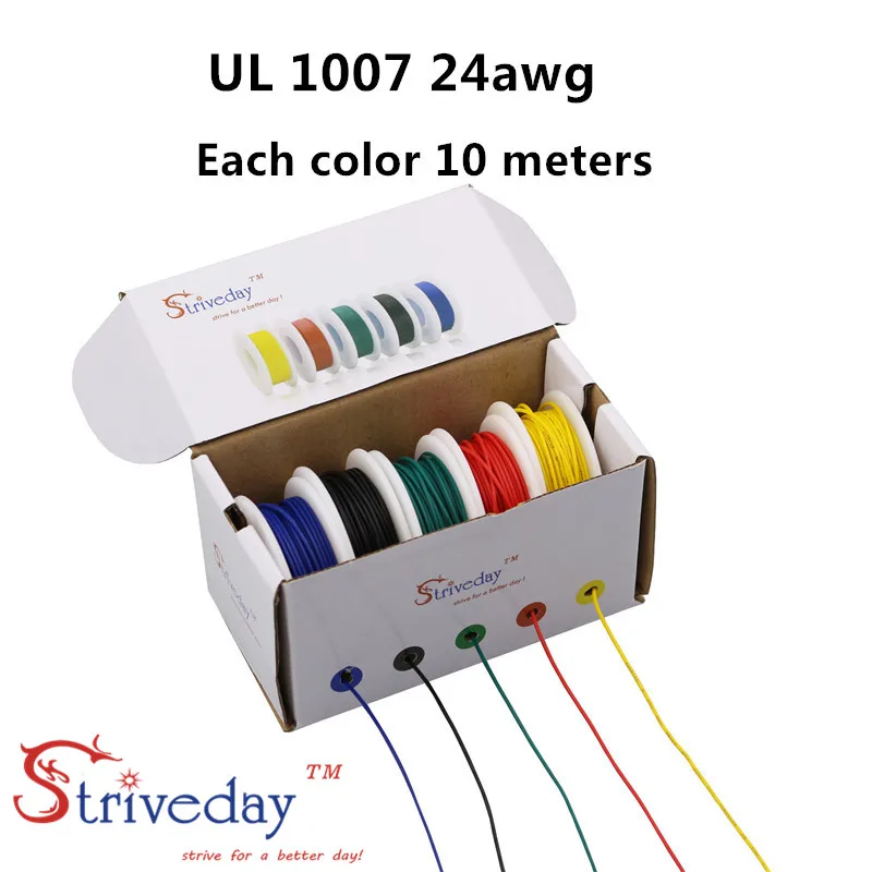 

50m/box UL 1007 24awg Tinned Pure copper wire 5 colors in a box mixed wire PCB Stranded cable line DIY