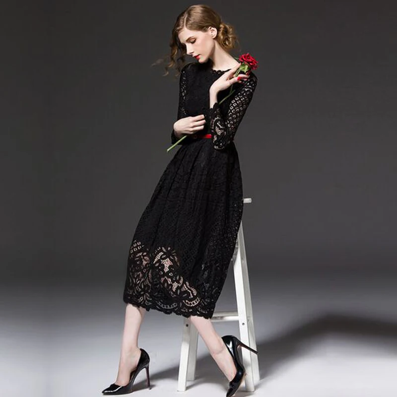 Высокое качество 2017 женское богемное кружевное платье Весна Осень вязанное