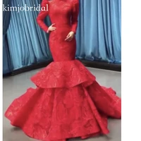 red prom dresses long sleeve high neck puffy mermaid long evening dresses 2019 vestido formatura
