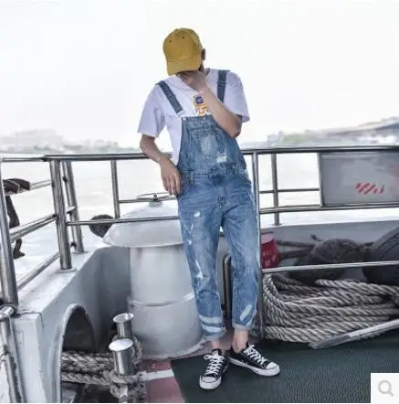 M-3XL HOT ! New men's clothing hole bib pants fashion slim denim overalls jumpsuit Nine points suspenders Little feet jeans | Мужская