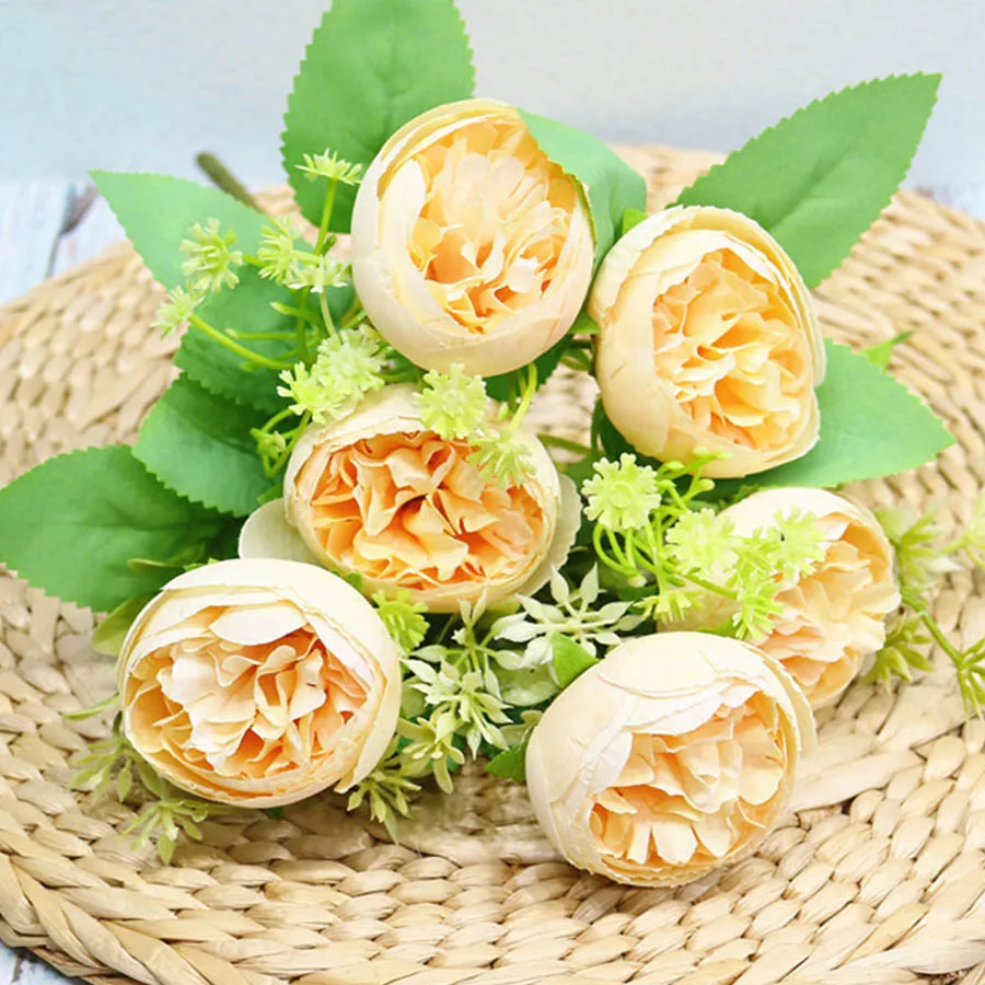 yellow purple artificial flowers peony silk bouquet for wedding decor high quality 6 head fake flowers peonies home decoration 8 colors - Цвет: yellow
