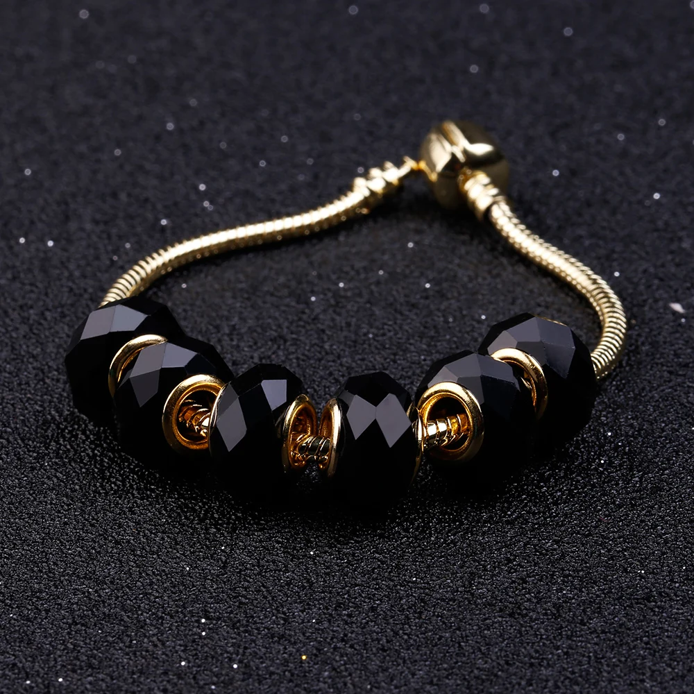 10 Pcs a Lot Gold-Color Black faceted Glass Beads Fit For Pandora Charms Bracelet Round DIY Murano Big Hole Charm | Украшения и