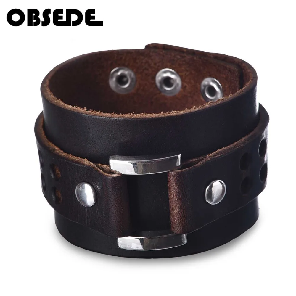 OBSEDE, панк-рок, двухслойный мужской кожаный браслет с широкими манжетами, винтажные браслеты и браслеты, модный панк-браслет, ювелирное изделие, подарок