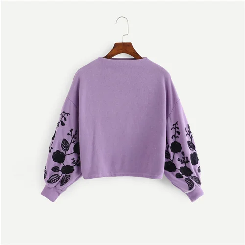 Purple SHEIN Нарядный Свитшот С Контрастной Вышивкой Толстовка я Цветочной Вышивкой - Цвет: Purple