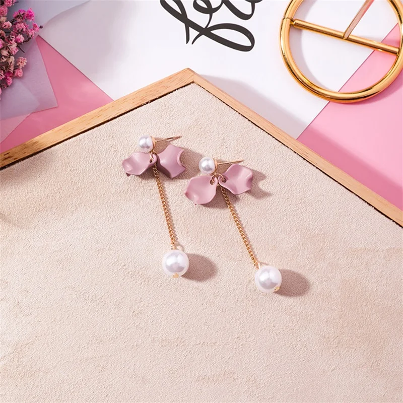3*Korean Version of the Popular Fashion Purple Petal flower long Earrings Jewelry Girl Simulation Pearl Crystal | Украшения и