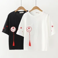 summer cute girls s tees china japan asia silk fan embroidery pocket cotton tops shirt