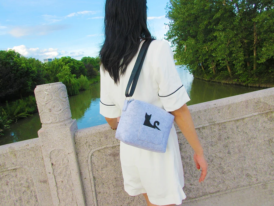 Взгляд фокус Cat шаблон Crossbody чувствовал мешок мини-милый серый войлок сбоку мешок специальный легкий Девушки дорожные сумки Малый