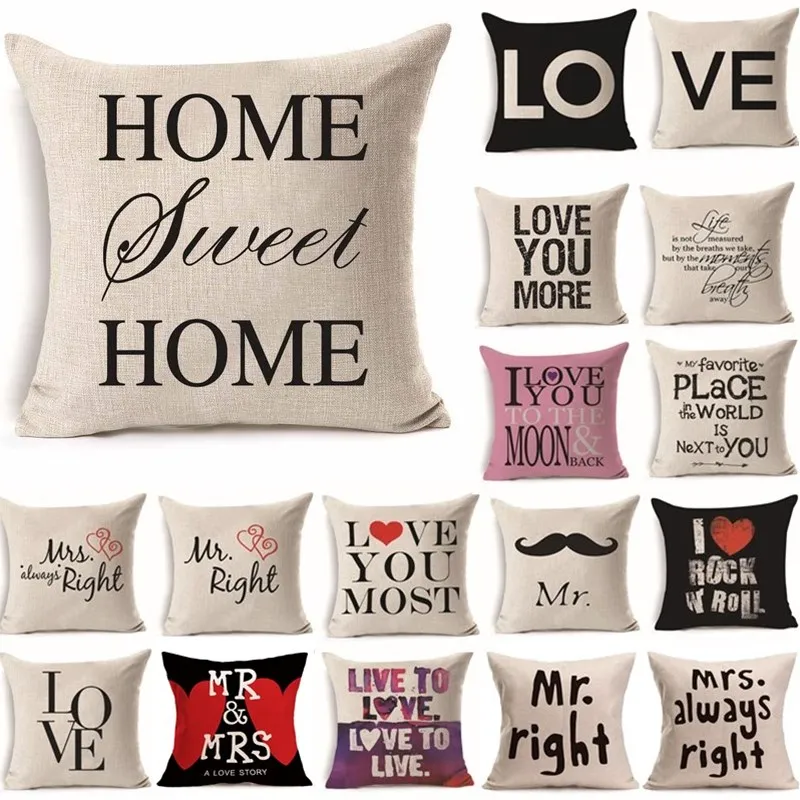 

43*43cm Love Mr Mrs Cotton Linen Throw Pillow Cushion Cover Gift Home Decor Wedding Decoration Decorative Pillowcase 40247