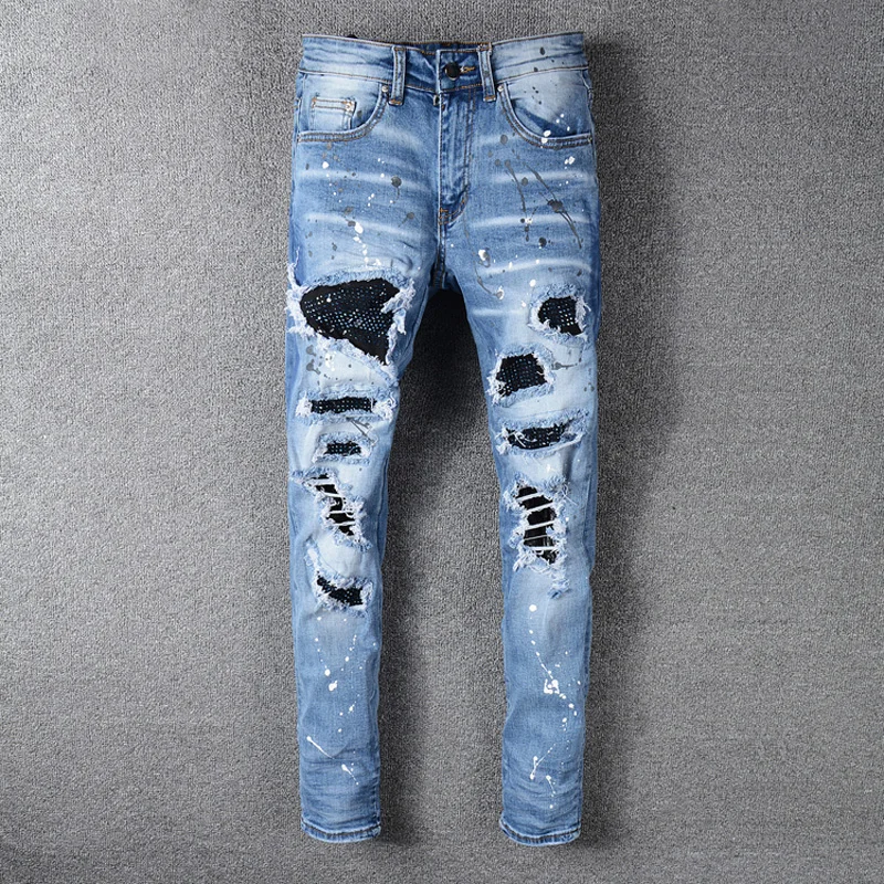 

High Street Fashion Men Jeans Blue Color Slim Fit Destroyed Ripped Jeans Men Broken Pants Paint Designer Patchwork Hip Hop Jeans