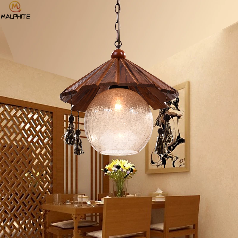 

Chinese retro creative pendant lights solid wood Frosted pendant lamps Bar hanglamp cafe industrial decor LED lighting fixtures